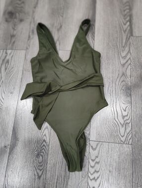 Fashion Nova Olive Green One-Piece Swimsuit with Waist Tie